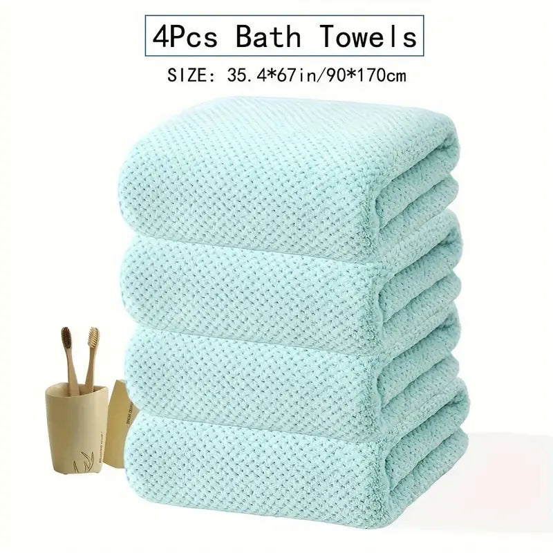 4 pcs Pineapple Coral Velvet Large Bath Towel Set - Soft & Quick-Drying