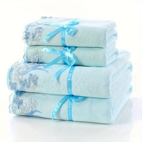 4pcs Lace Embroidery Towel Set - 2 Bath & 2 Hand Towels