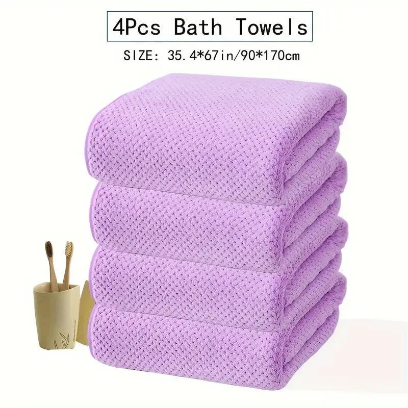 4 pcs Pineapple Coral Velvet Large Bath Towel Set - Soft & Quick-Drying