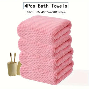 4 pcs Pineapple Coral Velvet Large Bath Towel Set - Soft & Quick-Drying