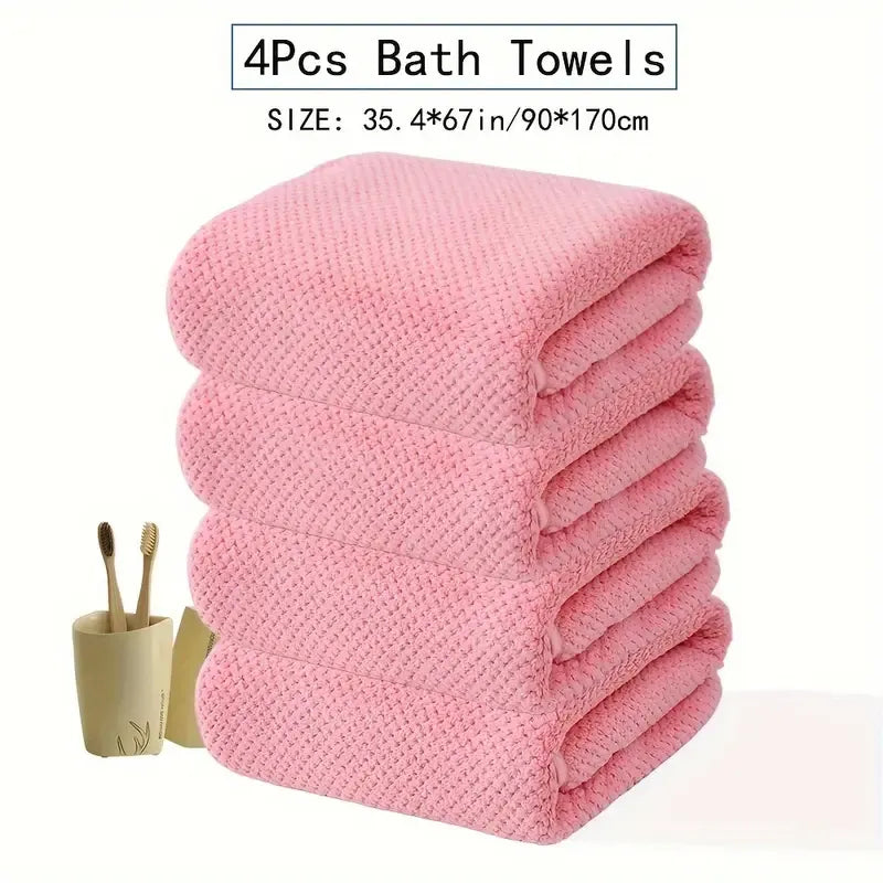 4 pcs Pineapple Coral Velvet Large Bath Towel Set - Soft & Quick-Drying