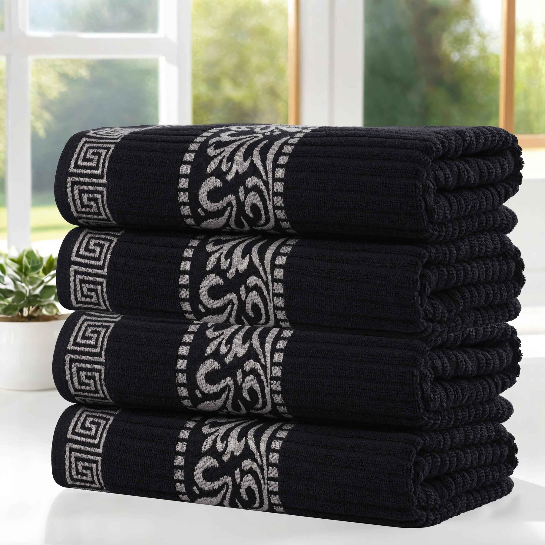 Athens Cotton Greek Key Trim Bath Towel Set of 4