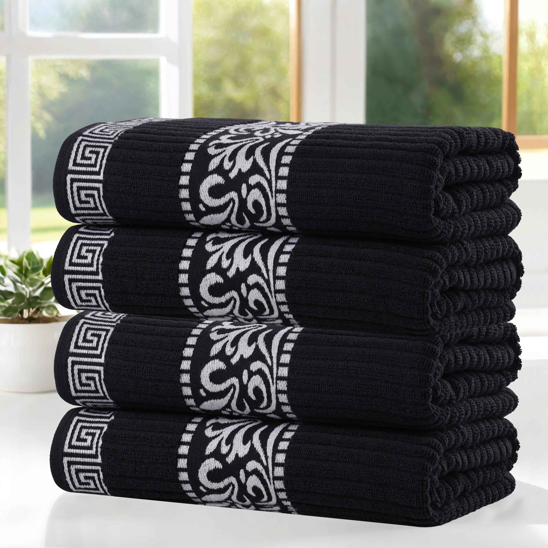 Athens Cotton Greek Key Trim Bath Towel Set of 4