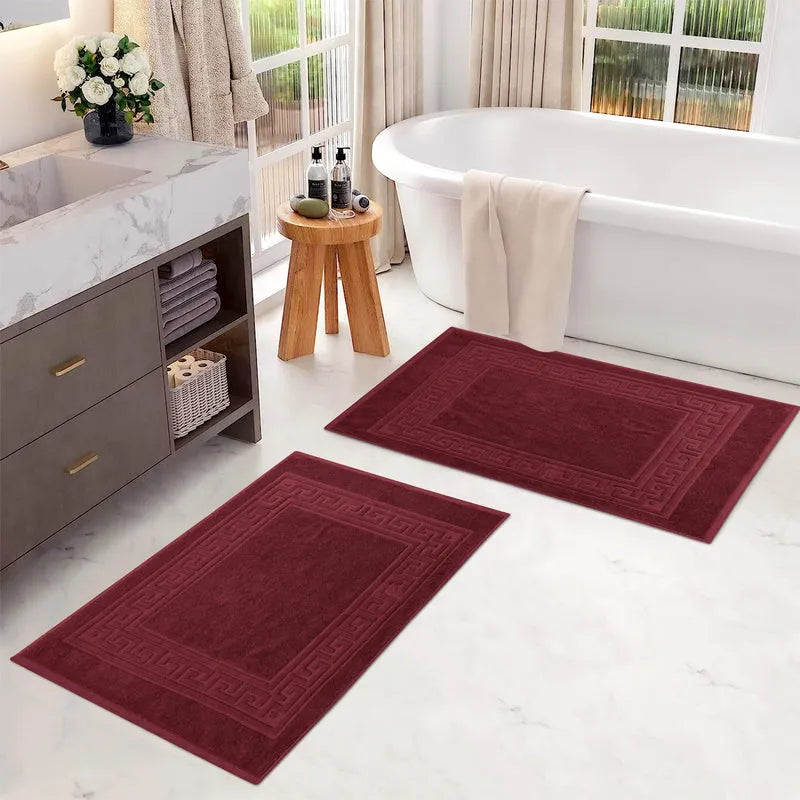 100% Cotton Absorbent Greek Key Border Solid 2 Piece Bath Mat Set