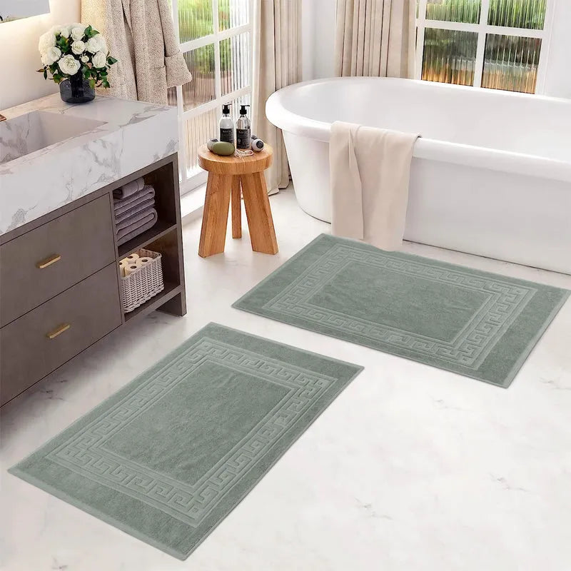 100% Cotton Absorbent Greek Key Border Solid 2 Piece Bath Mat Set