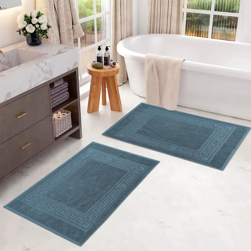 100% Cotton Absorbent Greek Key Border Solid 2 Piece Bath Mat Set