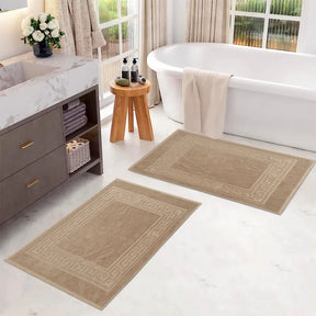 100% Cotton Absorbent Greek Key Border Solid 2 Piece Bath Mat Set