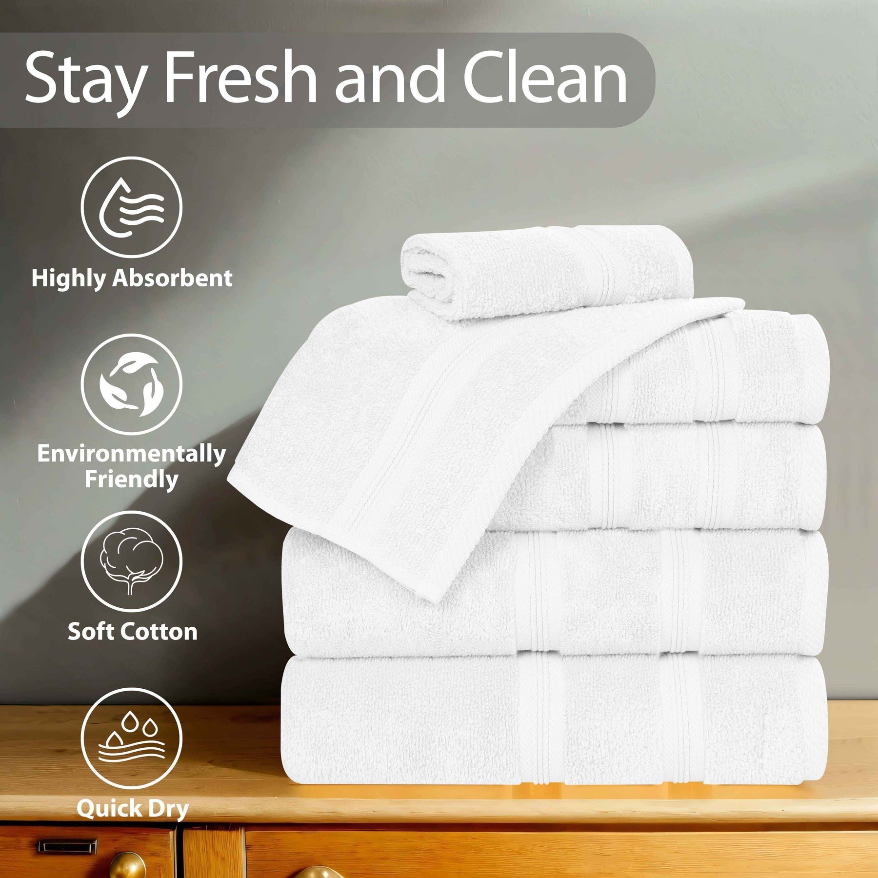 Smart Dry Zero Twist Cotton Medium Weight Hand Towels, Set of 6