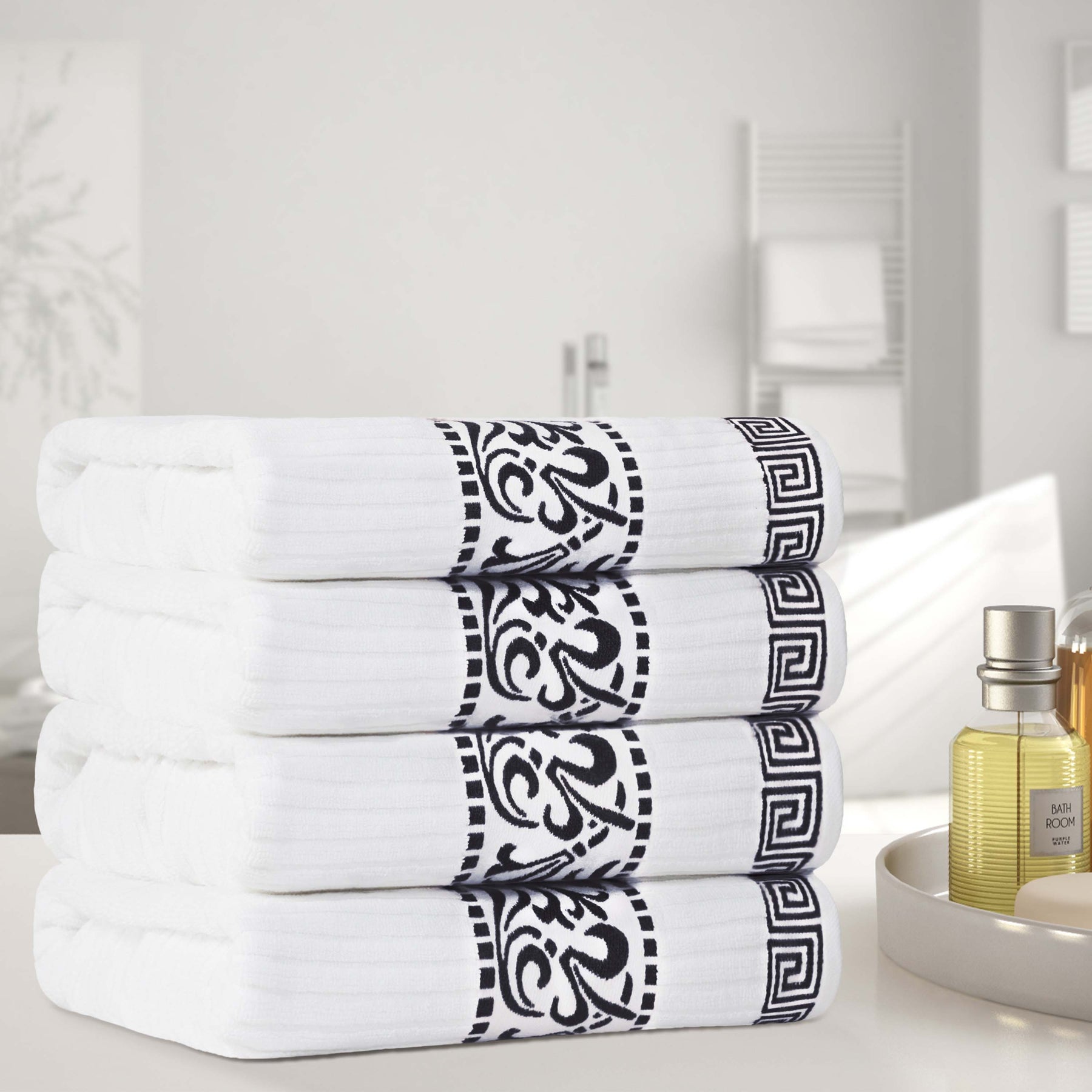 Athens Cotton Greek Key Trim Bath Towel Set of 4