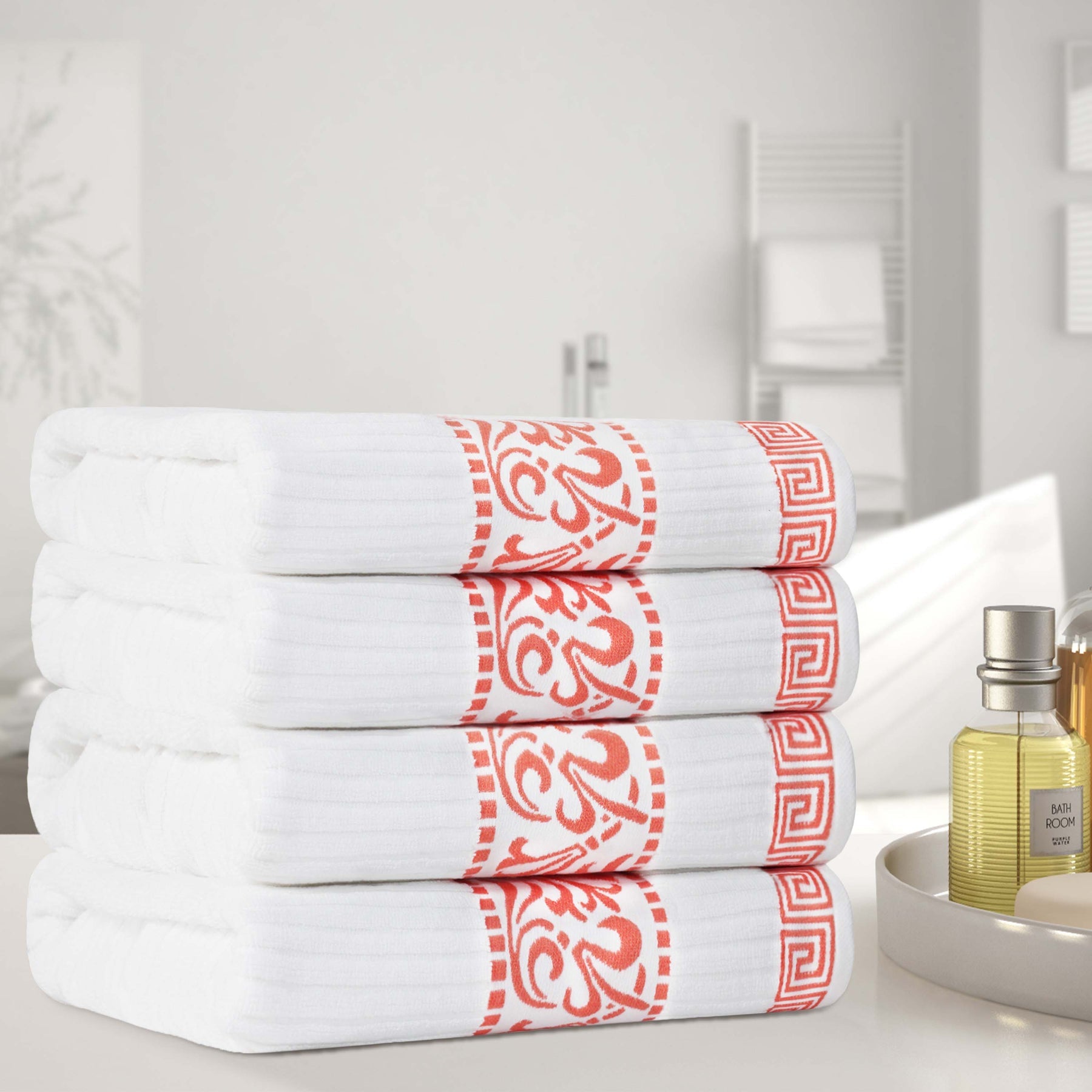 Athens Cotton Greek Key Trim Bath Towel Set of 4