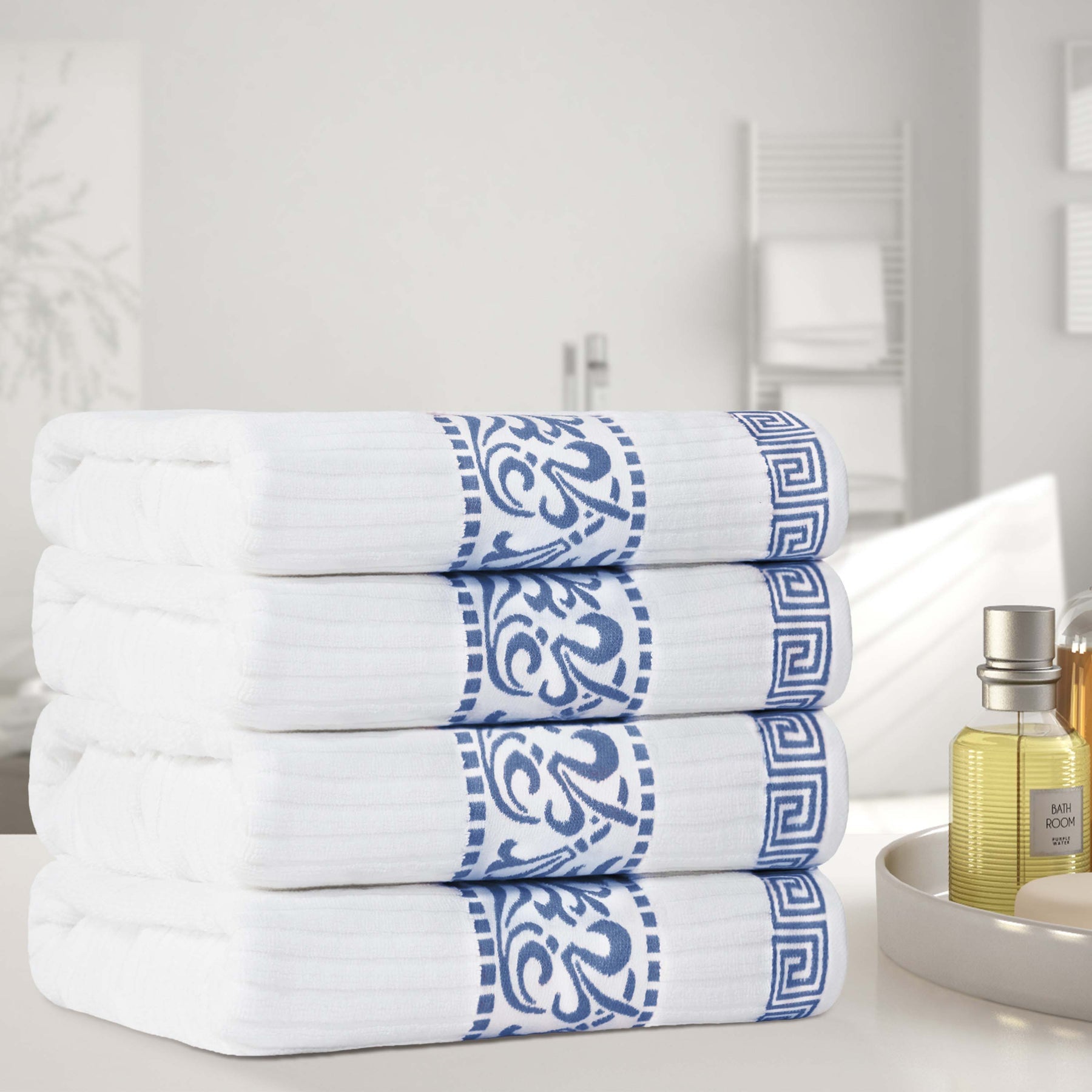 Athens Cotton Greek Key Trim Bath Towel Set of 4