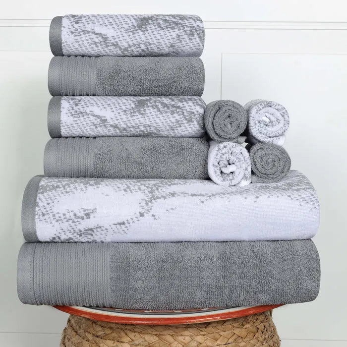 Marble Effect Cotton Absorbent Textured Ultra-Plush 10 Piece Towel Set