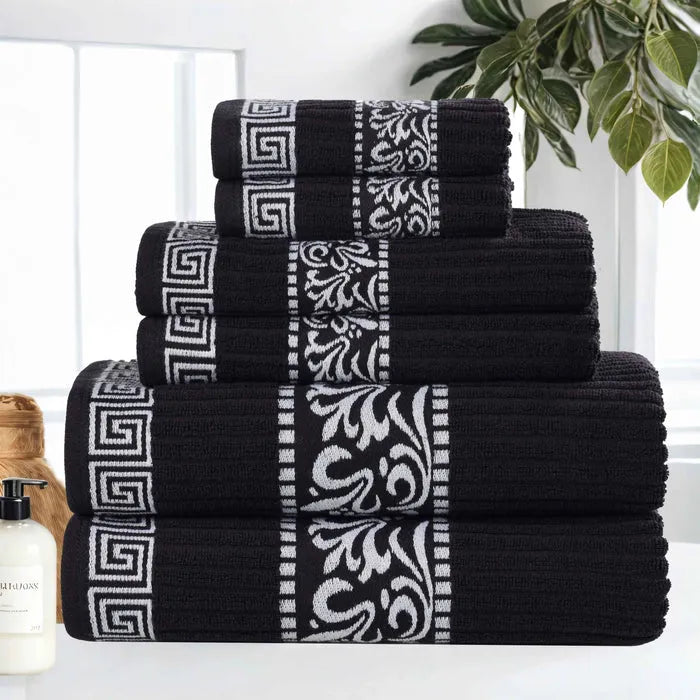 Athens Cotton Medium Weight Floral Greek Key Trim 6 Piece Towel Set