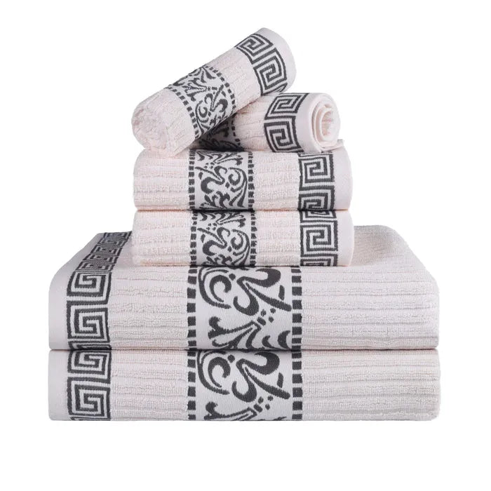 Athens Cotton Medium Weight Floral Greek Key Trim 6 Piece Towel Set