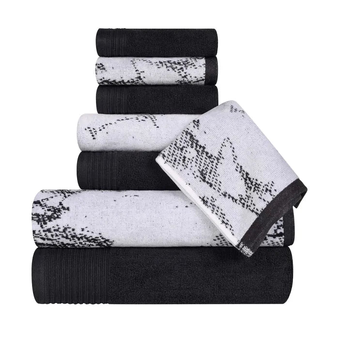 Cotton Marble and Solid Quick Dry 8 Piece Assorted Bathroom Towel Set