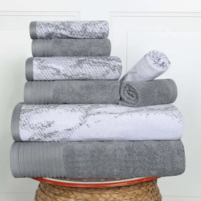 Cotton Marble and Solid Quick Dry 8 Piece Assorted Bathroom Towel Set