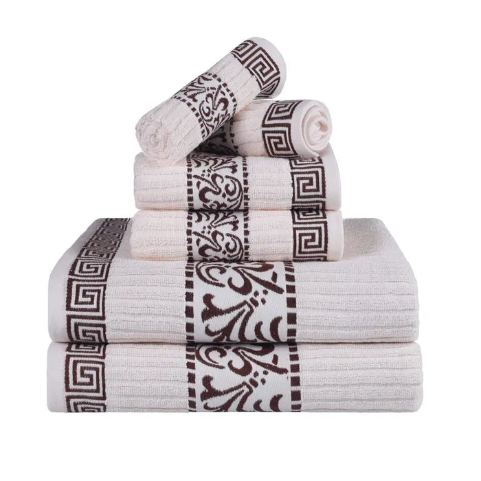 Athens Cotton Medium Weight Floral Greek Key Trim 6 Piece Towel Set