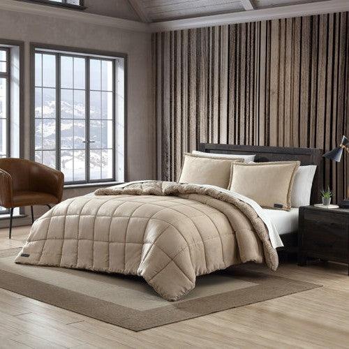 Full/Queen Plush Sherpa Reversible Micro Suede Comforter Set in Beige - beddingbag.com