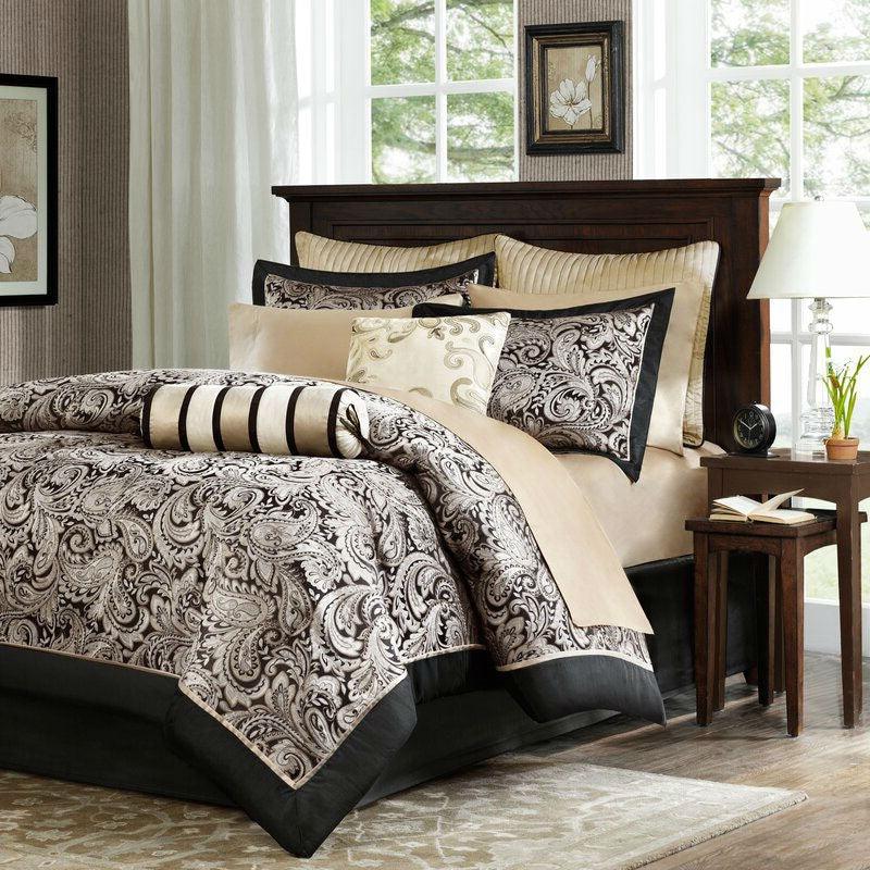 Queen size Cotton 12-Piece Reversible Paisley Comforter Set in Black Gold - beddingbag.com