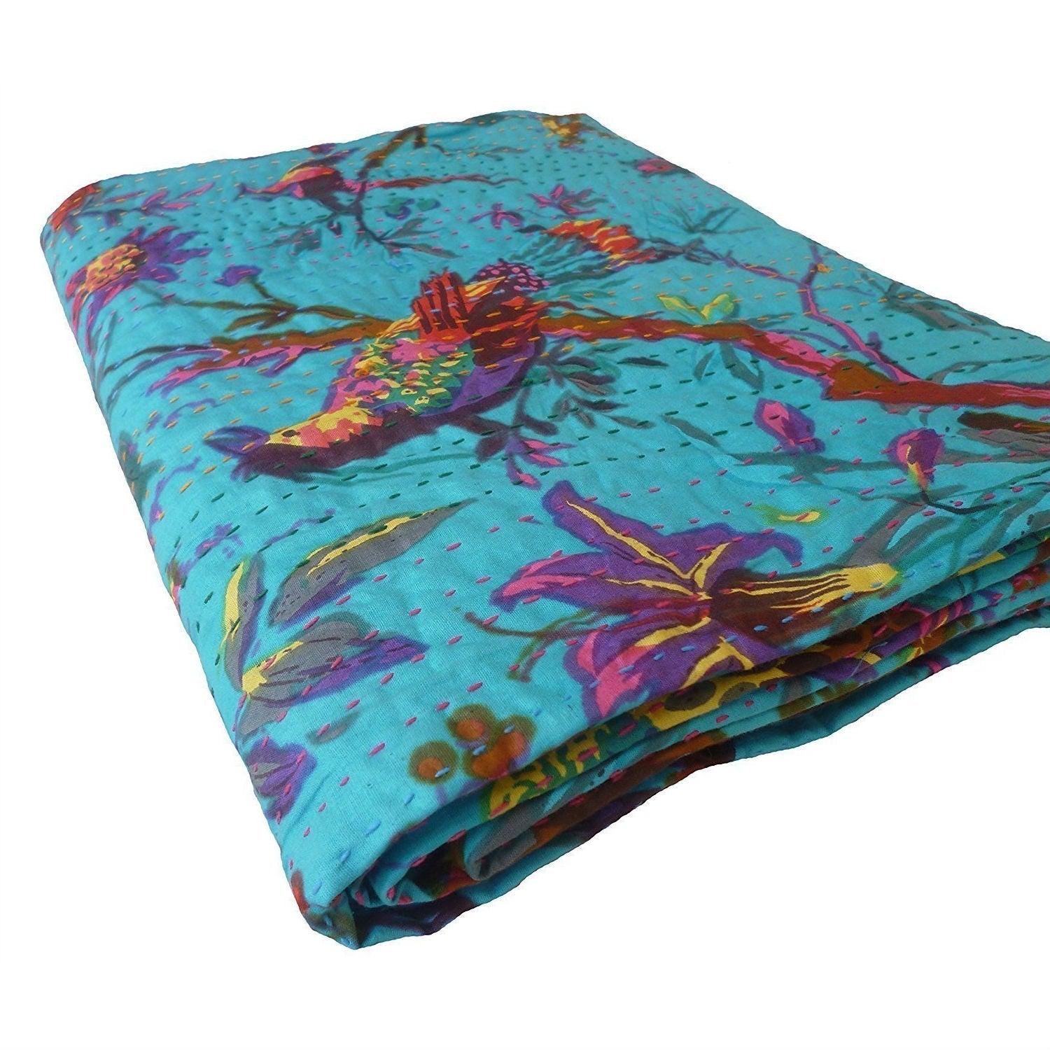 King size Blue Floral Birds Cotton Quilt Blanket Bedspread - beddingbag.com