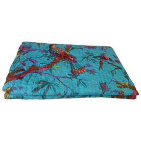 King size Blue Floral Birds Cotton Quilt Blanket Bedspread - beddingbag.com