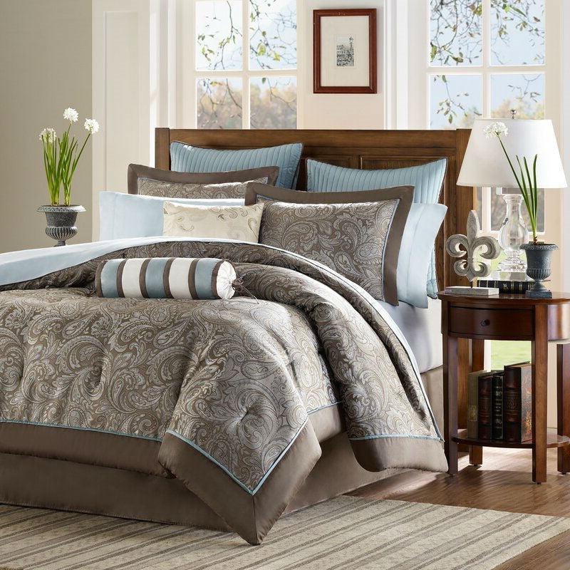 Full size 12-piece Reversible Cotton Comforter Set in Brown and Blue - beddingbag.com