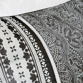 Queen size 7-Piece Comforter Set in Black White Grey Damask Pattern - beddingbag.com