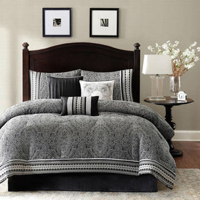Queen size 7-Piece Comforter Set in Black White Grey Damask Pattern - beddingbag.com
