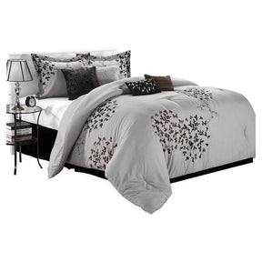 Queen size 8-Piece Comforter Set in Silver Gray Black Brown Floral - beddingbag.com