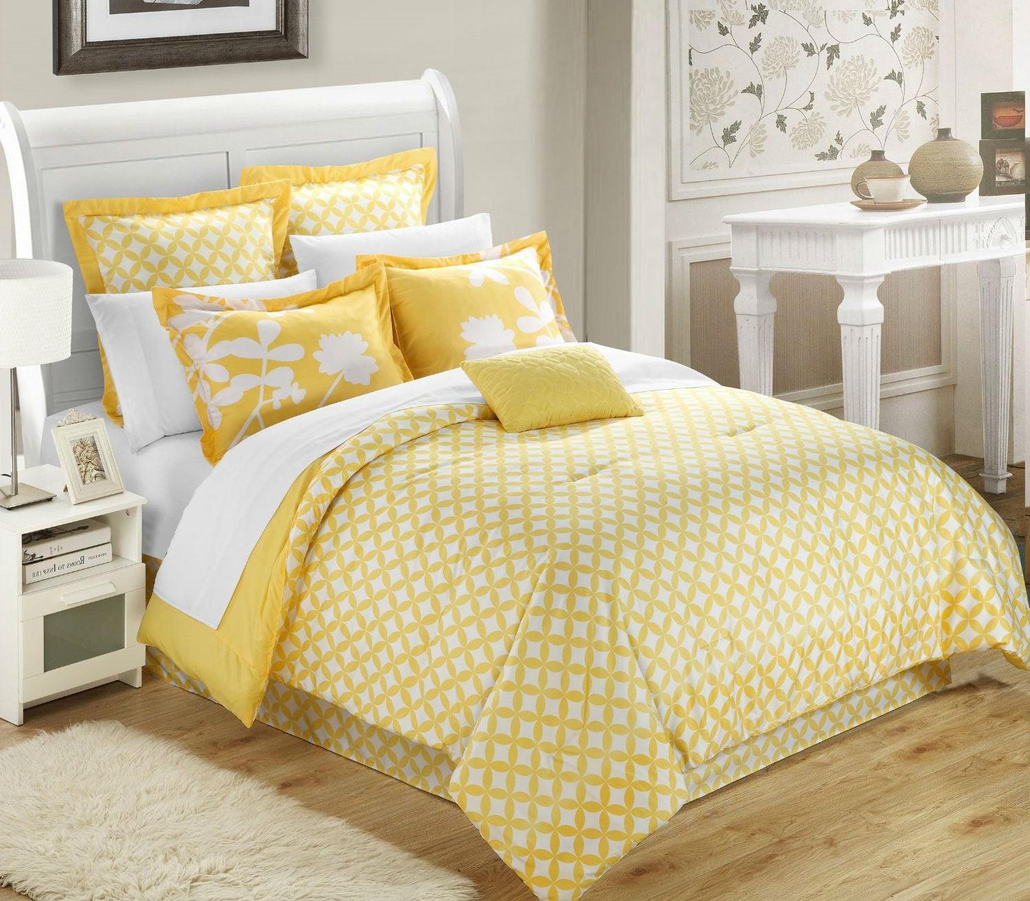 Queen size Yellow 7-Piece Floral Bed in a Bag Comforter Set - beddingbag.com