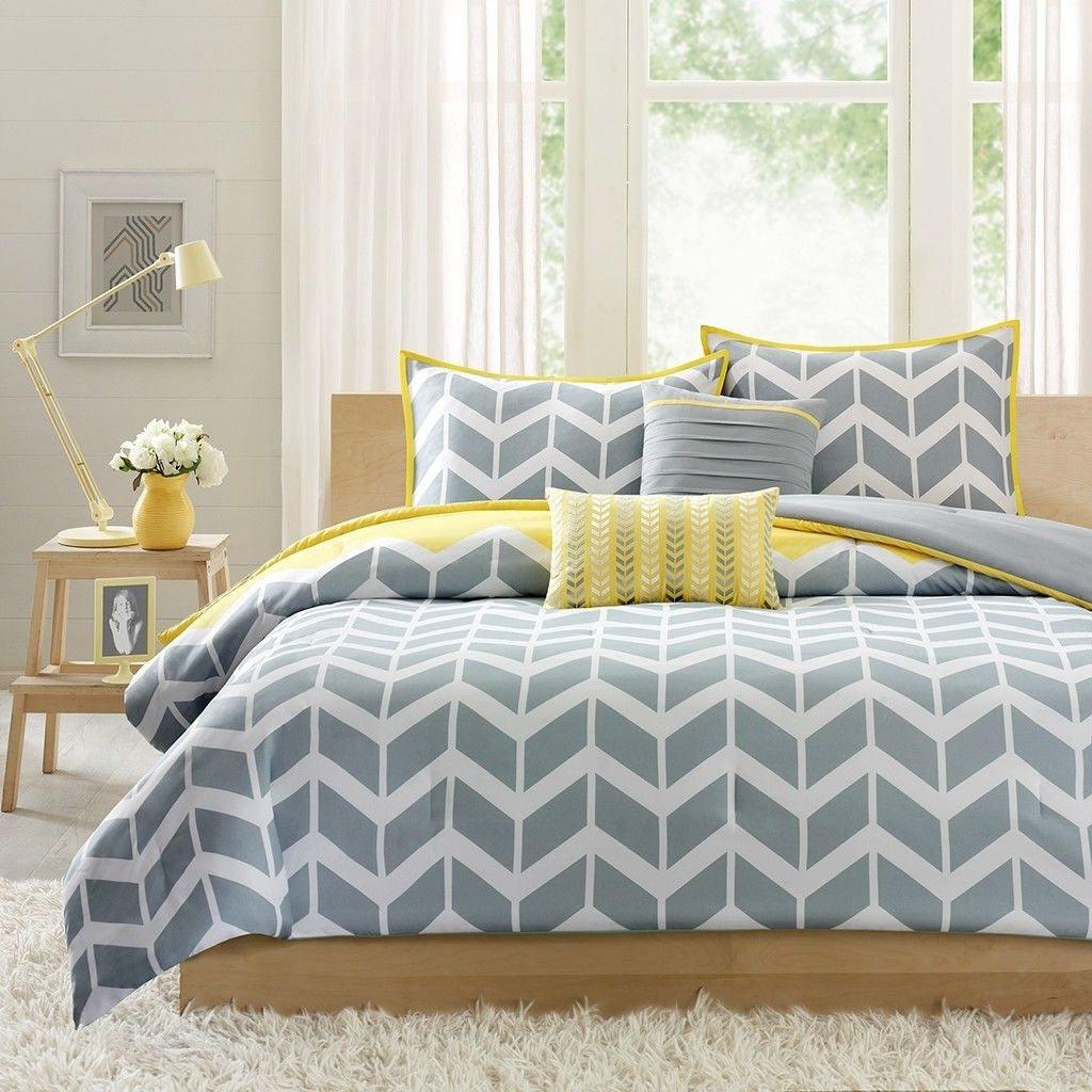 Full/Queen 5-Piece Chevron Stripes Comforter Set in Gray White Yellow - beddingbag.com
