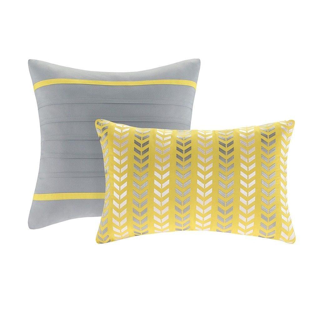 Twin/Twin XL 4-Piece Chevron Stripes Comforter Set in Gray White Yellow - beddingbag.com