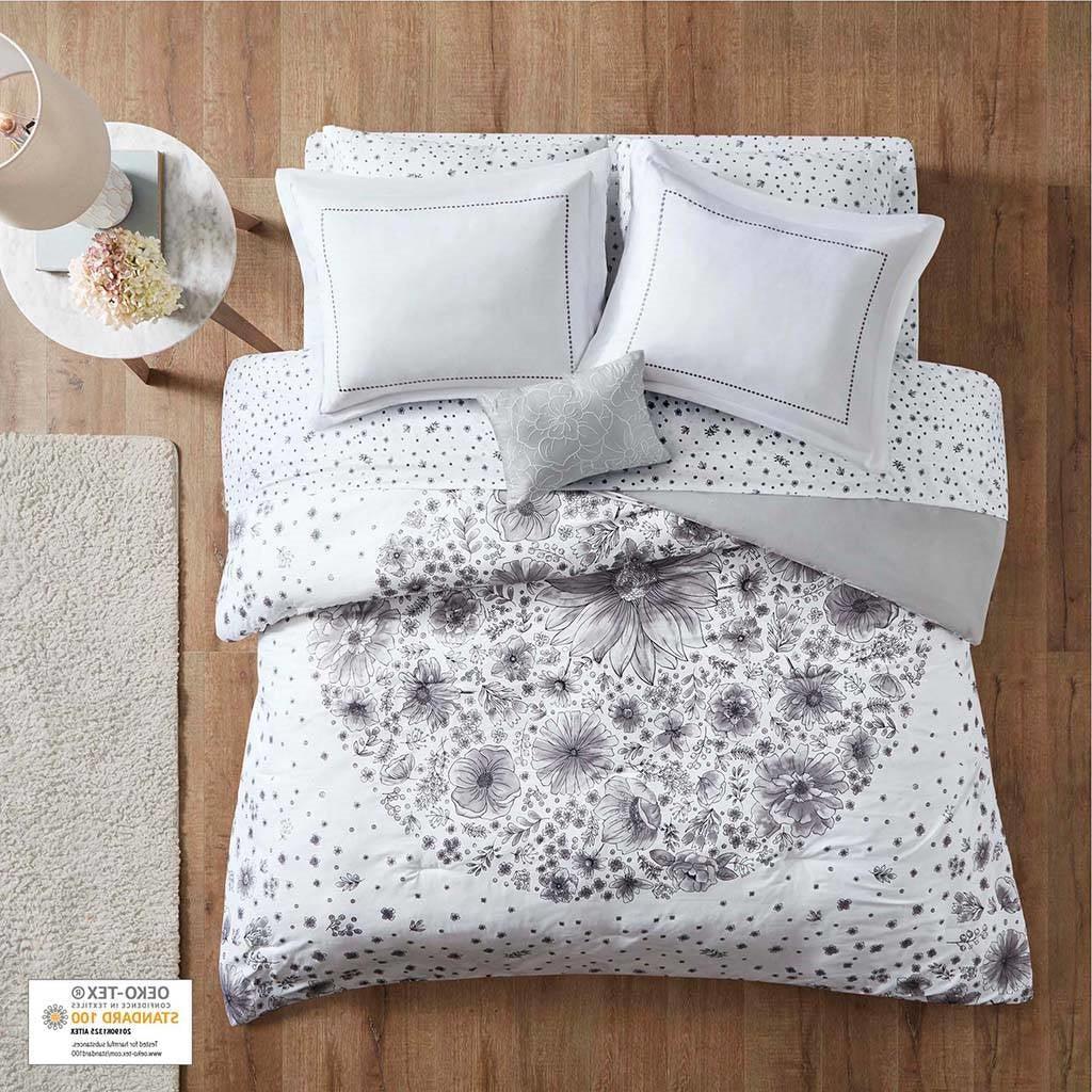 Twin XL 6-piece White Grey Floral Pattern Microfiber Comforter Set