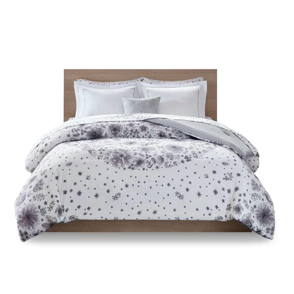 Twin XL 6-piece White Grey Floral Pattern Microfiber Comforter Set - beddingbag.com