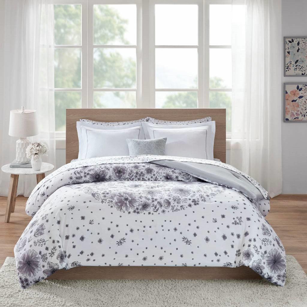 Twin XL 6-piece White Grey Floral Pattern Microfiber Comforter Set - beddingbag.com