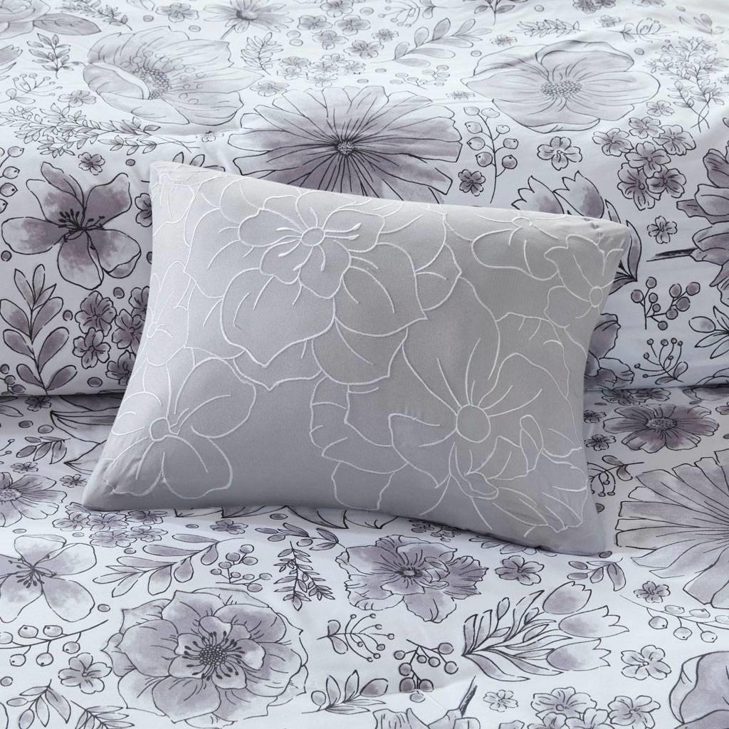 Twin XL 6-piece White Grey Floral Pattern Microfiber Comforter Set - beddingbag.com