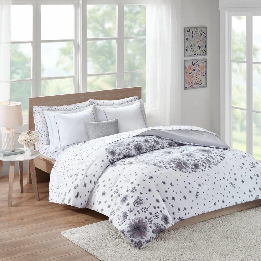 Twin size 6-piece White Grey Floral Pattern Microfiber Comforter Set - beddingbag.com