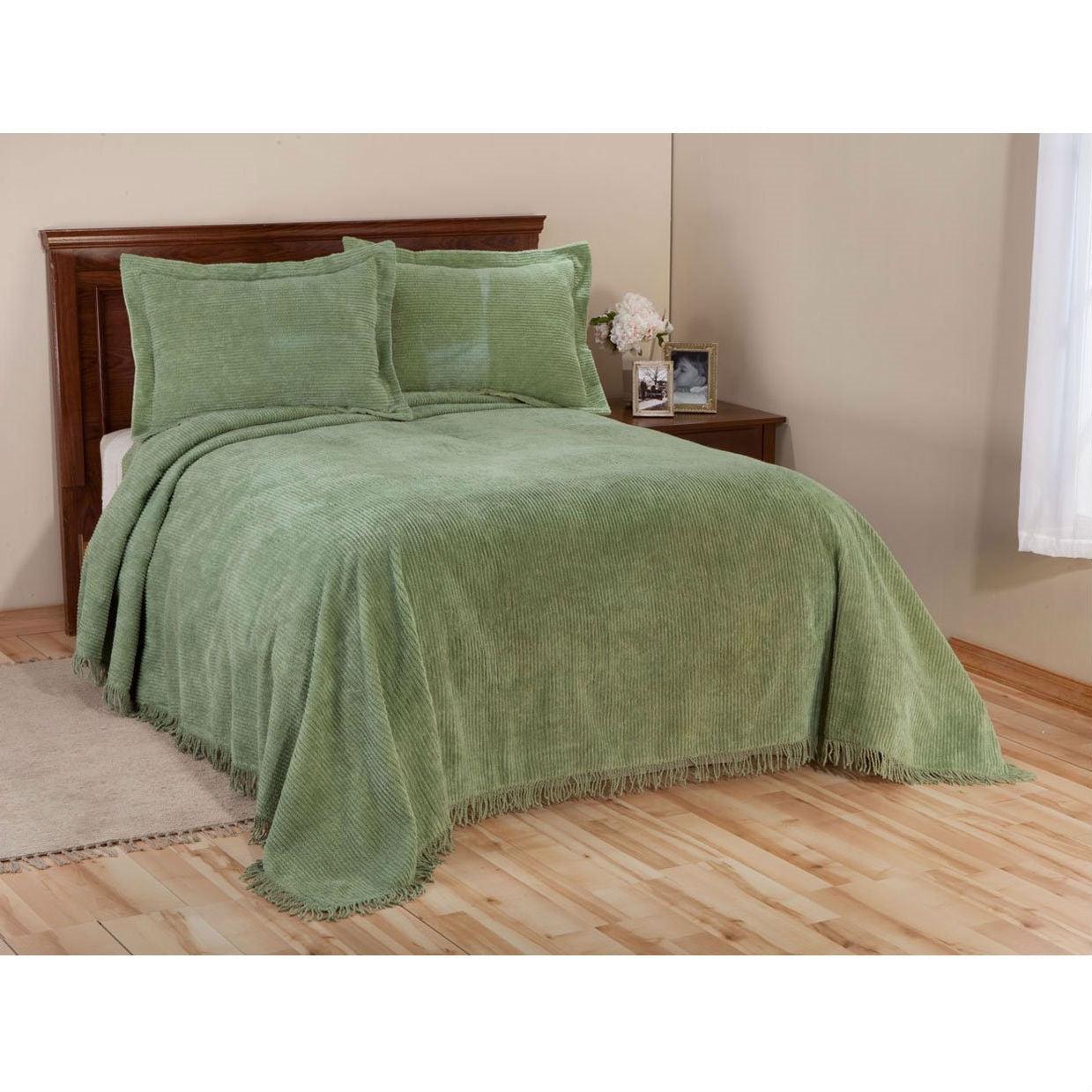 Full size Sage Green Cotton Chenille Bedspread with Fringe Edge - beddingbag.com