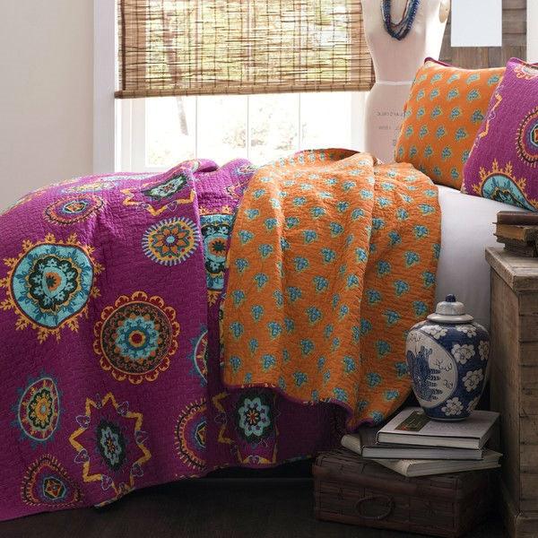 Full / Queen Fushia Pink Orange Blue Paisley Geometric 100% Cotton 3 Piece Quilt Coverlet Bedspread Set - beddingbag.com