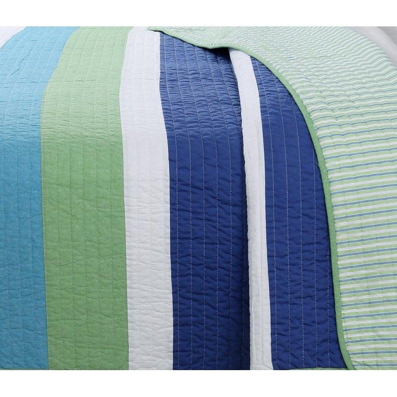 Full/Queen Navy Blue/Green/Teal/White Stripe 100-Percent Cotton Quilt Set - beddingbag.com