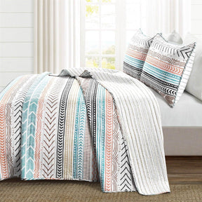 King Scandinavian Chevron Teal White Orange Brown Reversible Cotton Quilt Set - beddingbag.com