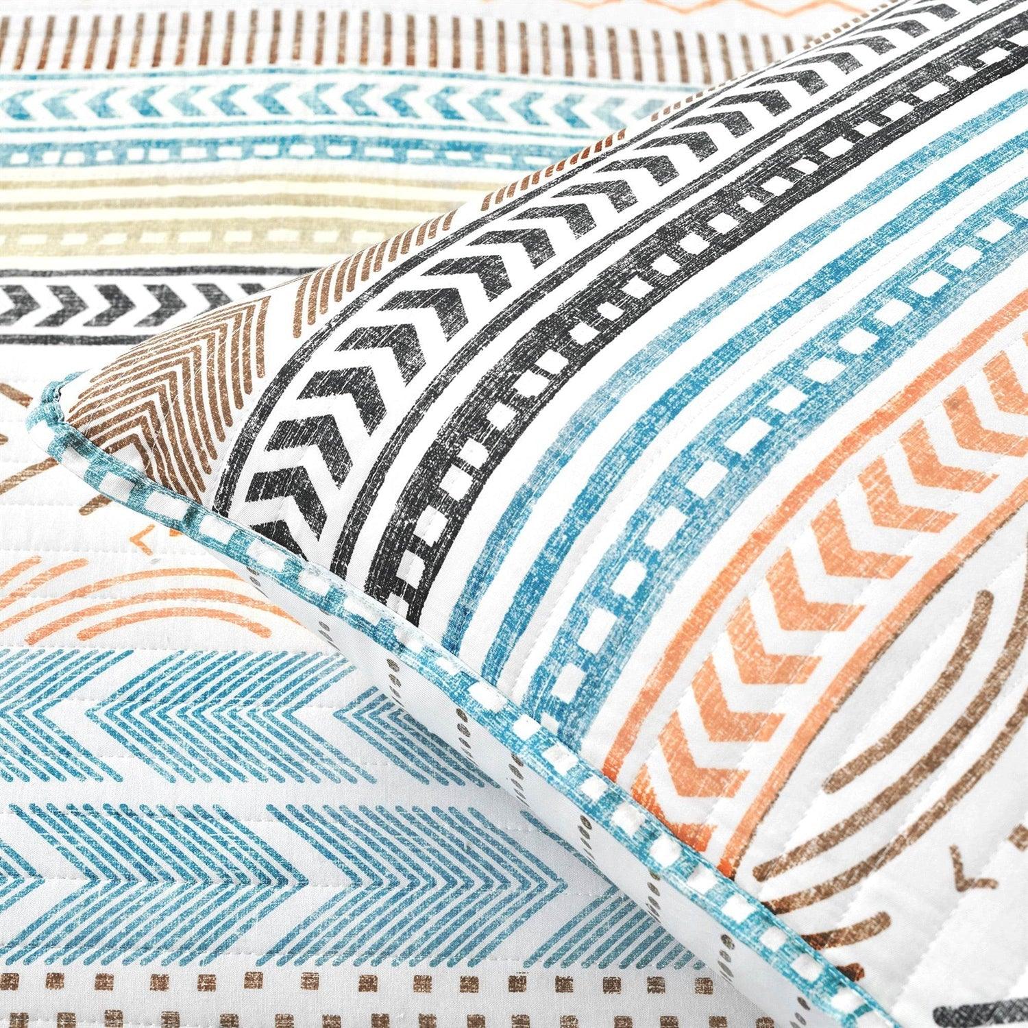 King Scandinavian Chevron Teal White Orange Brown Reversible Cotton Quilt Set - beddingbag.com