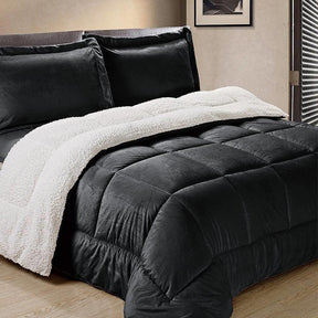 Full Size 3 Piece Ultra Soft Sherpa Wrinkle Resistant Comforter Set in Black - beddingbag.com