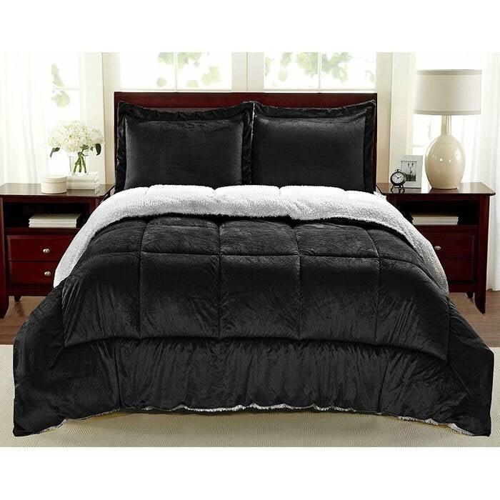 Full Size 3 Piece Ultra Soft Sherpa Wrinkle Resistant Comforter Set in Black - beddingbag.com