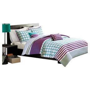 Full/Queen 5-Piece Comforter Set in Purple White Teal Circles & Stripes - beddingbag.com