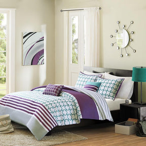 Full/Queen 5-Piece Comforter Set in Purple White Teal Circles & Stripes - beddingbag.com