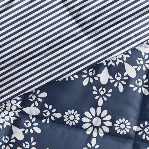 King size 3-Piece Navy Blue White Reversible Floral Striped Comforter Set - beddingbag.com
