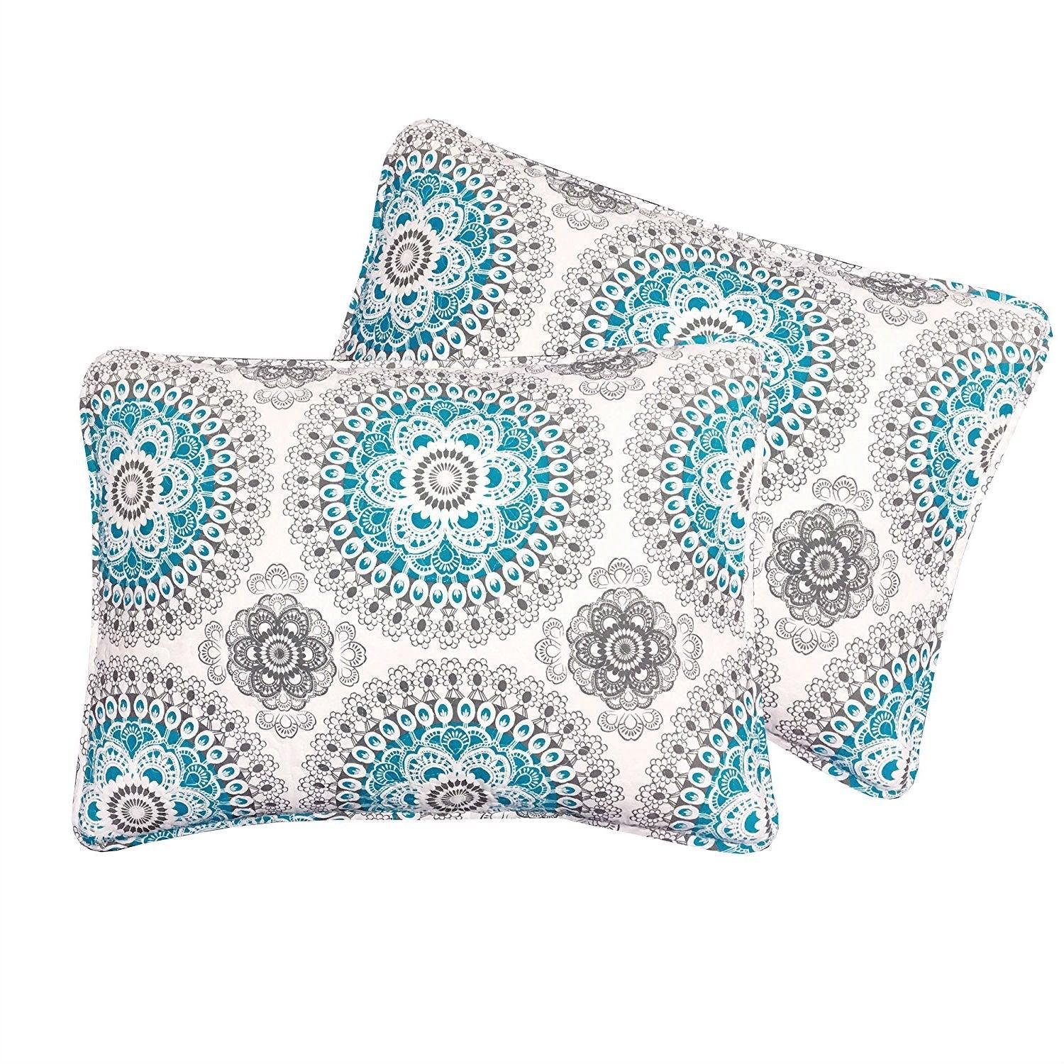 King size 3-Piece Cotton Quit Set in Aqua Blue White and Grey Floral Pattern - beddingbag.com