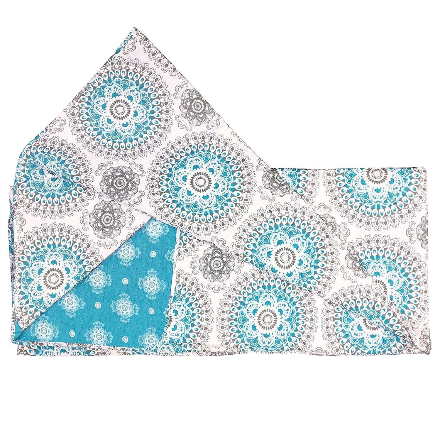 King size 3-Piece Cotton Quit Set in Aqua Blue White and Grey Floral Pattern - beddingbag.com