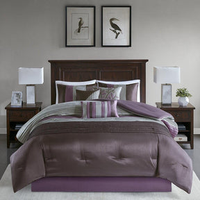 Queen Size 7 Piece Bed In A Bag Comforter Set Faux Silk Purple Gray Stripes - beddingbag.com